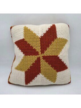 MCM Crochet Throw Pillow Starburst Design In Cream Rust And Mustard 18x18" Squar